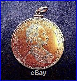 Large PURE GOLD 1915 Austrian Coin PENDANT Bght @ Swiss Bank in 1965Set in 14K