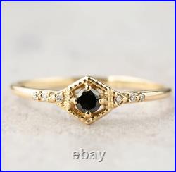 Luxury Black Prong Set Onyx & White CZ In Pure 10K Yellow Gold Engagement Ring