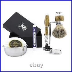 Men Shaving Set Pure Badger Hair Brush & Safety Razor With Antique Gold Grip Kit