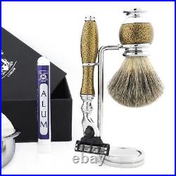 Men Shaving Set Pure Badger Hair Brush & Safety Razor With Antique Gold Grip Kit