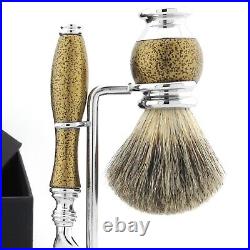 Men Shaving Set Pure Badger Hair Brush & Safety Razor With Antique Gold Grip Kit