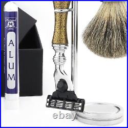 Men Shaving Set Pure Badger Hair Brush & Safety Razor With Antique Gold Grip Kit