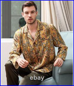Men's 100% Pure Mulberry Silk Pajamas Set Print Silk Sleepwear Navy Gold M-3XL