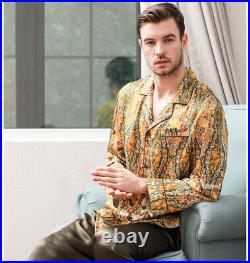 Men's 100% Pure Mulberry Silk Pajamas Set Print Silk Sleepwear Navy Gold M-3XL