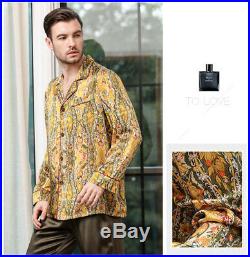 Men's 19MM 100% Pure Mulberry Silk Pajamas Set Print Silk Sleepwear Navy Gold