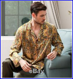 Men's 19MM 100% Pure Mulberry Silk Pajamas Set Print Silk Sleepwear Navy Gold