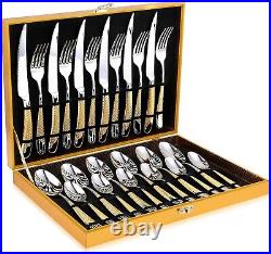 Mirror Polished 24-Piece Hammered Silver Gold Cutlery Set Perfect Gift Idea