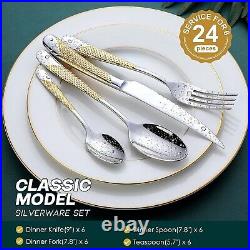 Mirror Polished 24-Piece Hammered Silver Gold Cutlery Set Perfect Gift Idea