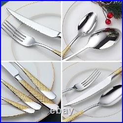 Mirror Polished 24-Piece Hammered Silver Gold Cutlery Set Perfect Gift Idea