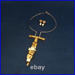 Modernist Alfred Karram 14k Solid Gold Geometric Cube Necklace & Earring Set