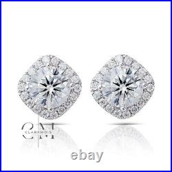 Moissanite Halo Stud Earring Excellent Round Cut Solid 14K white Gold 2 Carat