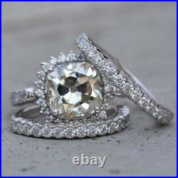 Moissanite Trio Set Engagement Ring Pure 14k White Gold Certified 3.50CT Cushion