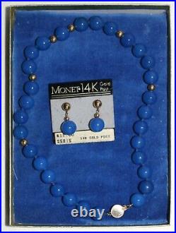 Monet Glass Bead Necklace Earrings SET 14k Gold Clasp Posts Original Tag Perfect
