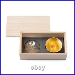 Mt. Fuji FUJIYAMA Tin / gold leaf set (with paulownia box) Pure Tin guinomi NEW