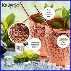 Mule Copper Mugs Stunning Embossed Set of 4 Pure Copper Cups Straws Stir Sticks