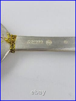 NOS Pure Silver. 999 Chop Sticks and spoon set gold plated Korean