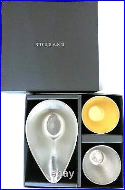 NOUSAKU Pure Tin Large Spouted Bowl x 1 Sake Cup x 2 set Gold Leaf from Japan