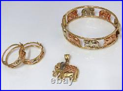 NYJEWEL Italy 14k Three Tone Gold Ruby Elephant Bracelet Earrings Pendant Set