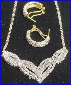 New 14k Yellow Gold Sterling Silver Genuine Diamond V Necklace & Earrings Set