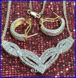 New 14k Yellow Gold Sterling Silver Genuine Diamond V Necklace & Earrings Set