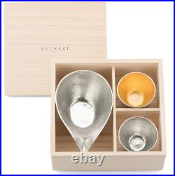 Nousaku Japanese Sake Rice Wine Server Cup Set Pure Tin Gold x Silver wodden box