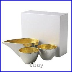 Nousaku Japanese Sake Rice Wine Server Guinomi Cup Set Pure Tin Gold Drinkware