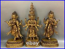 Old pure bronze 100% gold gilding tibet buddhism set of three Avalokitesvara