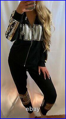 PINK Victoria's Secret VS Black Silver Gold Bling Perfect Set Sweatshirt Pants M