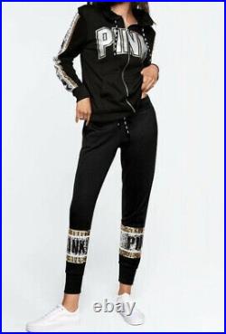 PINK Victoria's Secret VS Black Silver Gold Bling Perfect Set Sweatshirt Pants M