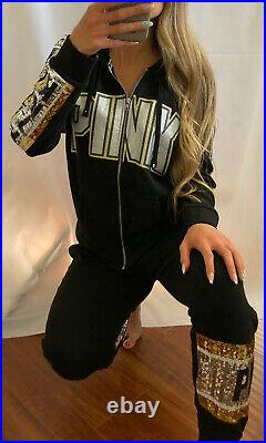 PINK Victoria's Secret VS Black Silver Gold Bling Perfect Set Sweatshirt Pants M