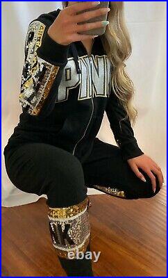 PINK Victoria's Secret VS Black Silver Gold Bling Perfect Set Sweatshirt Pants M