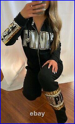 PINK Victoria's Secret VS Black Silver Gold Bling Perfect Set Sweatshirt Pants M