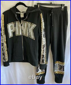 PINK Victoria's Secret VS Black Silver Gold Bling Perfect Set Sweatshirt Pants M