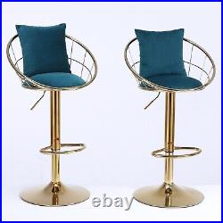 Peacock Blue Velvet Bar Chair Stool Pure Gold Plated Unique Design Set of 2