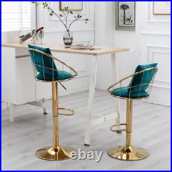 Peacock blue velvet bar chair pure gold plated adjustable height set of 2
