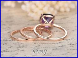 Perfect 3 Rings Set, 14K Rose Gold Ring Set 9mm Cushion Cut Amethyst Ring Set Eng