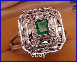 Perfect Art Deco Vintage Inspire Ring 2 Ct Simulated Emerald 14K White Gold Over