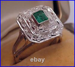 Perfect Art Deco Vintage Inspire Ring 2 Ct Simulated Emerald 14K White Gold Over