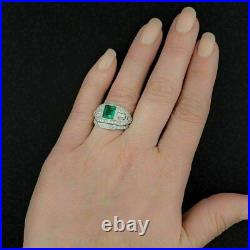 Perfect Vintage Art Deco Milgrain Bridal Set 14k White Gold Over 1.5 Ct Emerald