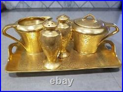 Perfect antique Pickard coffee/tea condiment set with tray. Heavy 24k gold