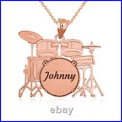 Personalized Engrave Name 10k 14k Solid Gold Music Drum Set Pendant Necklace