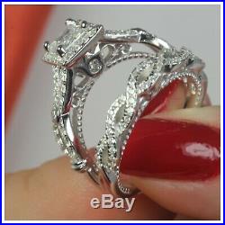 Princess Cut Diamond Real 14K White Pure Gold Bridal Band Engagement Ring Set