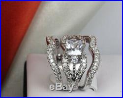 Princess Diamond Real Solid 14K White Pure Gold Bridal Band Engagement Ring Set