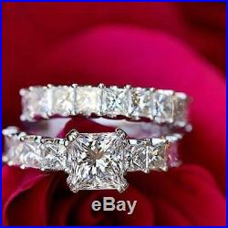 Princess Diamond Solid 10k White Real Pure Gold Ladies Engagement Ring Band Set