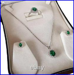 Princess white gold finish green emerald Ring Earring Pendant Necklace PERFECT