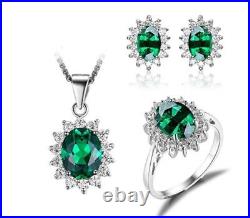 Princess white gold finish green emerald Ring Earring Pendant Necklace PERFECT