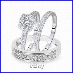 Pure 14K White Gold Trio Ring Set His And Hers Diamond Engagement Bridal Wedding