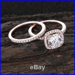 Pure 14k Rose Gold Halo Round Cut Diamond Engagement Ring Wedding Bridal Set