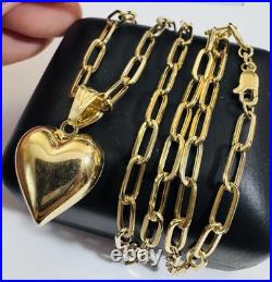 Pure 18K 750 Real Fine Gold Paperclip Heart Set Necklace 15.8/16 Long 4mm 8.2g