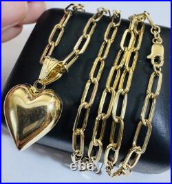 Pure 18K 750 Real Fine Gold Paperclip Heart Set Necklace 15.8/16 Long 4mm 8.2g